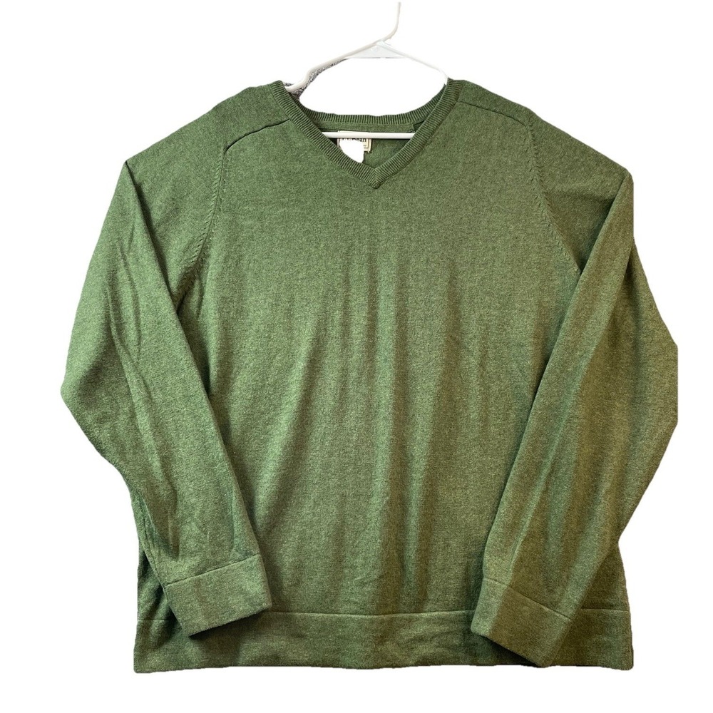 L.L. Bean Men Cashmere Blend Sweater L Relaxed V-Neck Green Heathered Lighweight